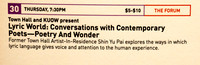 Lyric World- Conversations with Contemporary Poets @ Town Hall 1-30-2020